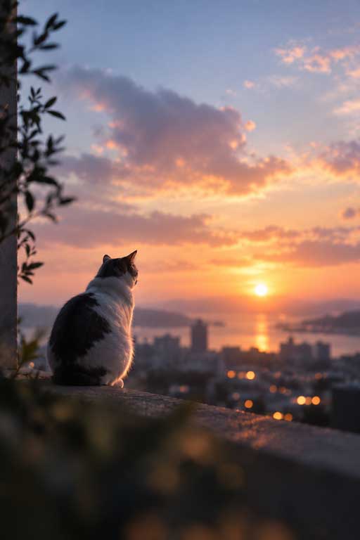夕陽を眺める猫